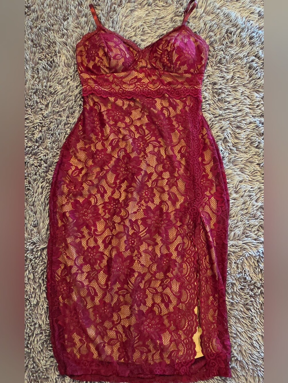 Windsor Burgundy Lace Midi Slip Dress with Spaghetti Straps